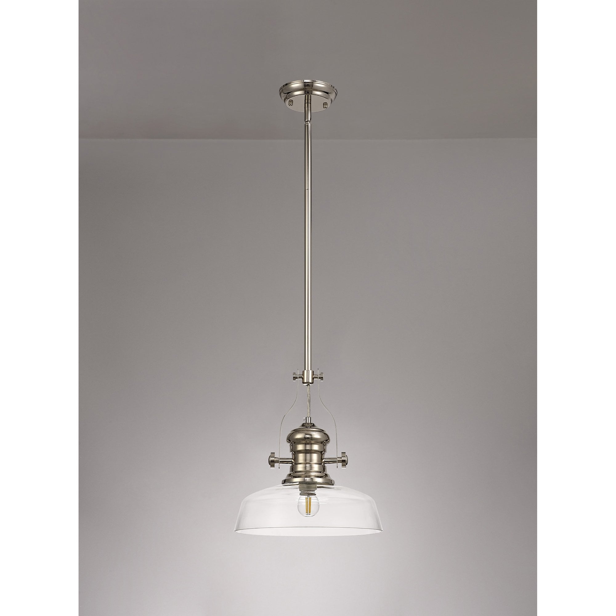 NLK01339 Louis 1 Light Telescopic Pendant With 30cm Flat Round Glass Shade Polished Nickel/Clear