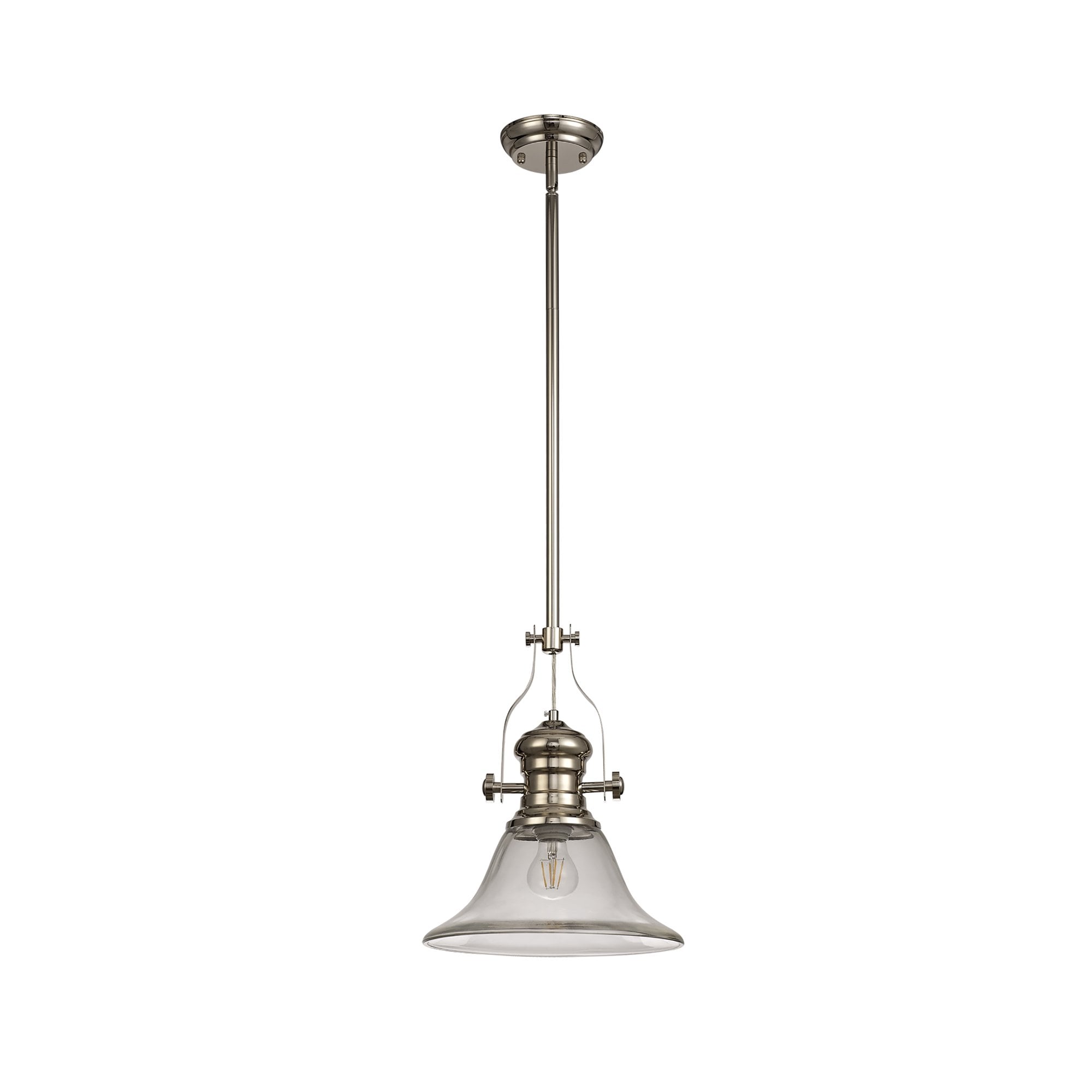 NLK01349 Louis 1 Light Telescopic Pendant With 30cm Smooth Bell Glass Shade Polished Nickel/Clear