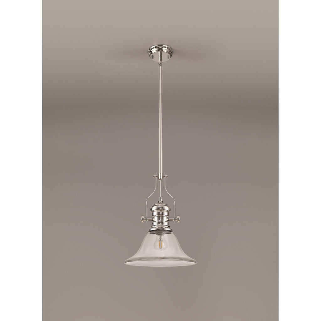NLK01349 Louis 1 Light Telescopic Pendant With 30cm Smooth Bell Glass Shade Polished Nickel/Clear