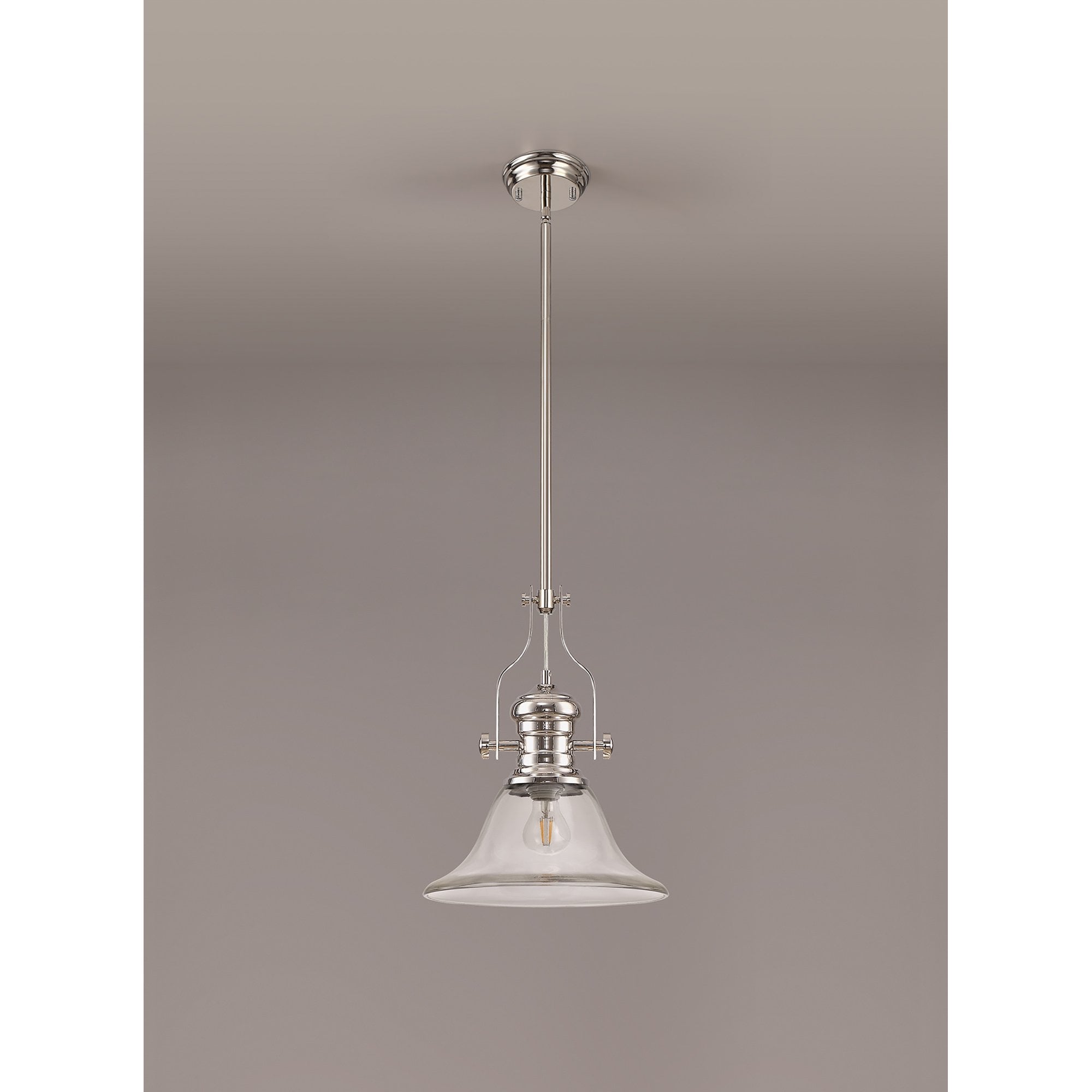 NLK01349 Louis 1 Light Telescopic Pendant With 30cm Smooth Bell Glass Shade Polished Nickel/Clear