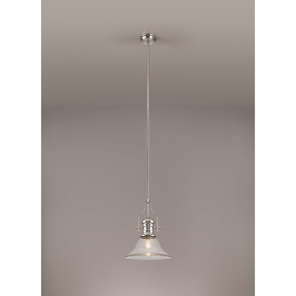 NLK01349 Louis 1 Light Telescopic Pendant With 30cm Smooth Bell Glass Shade Polished Nickel/Clear