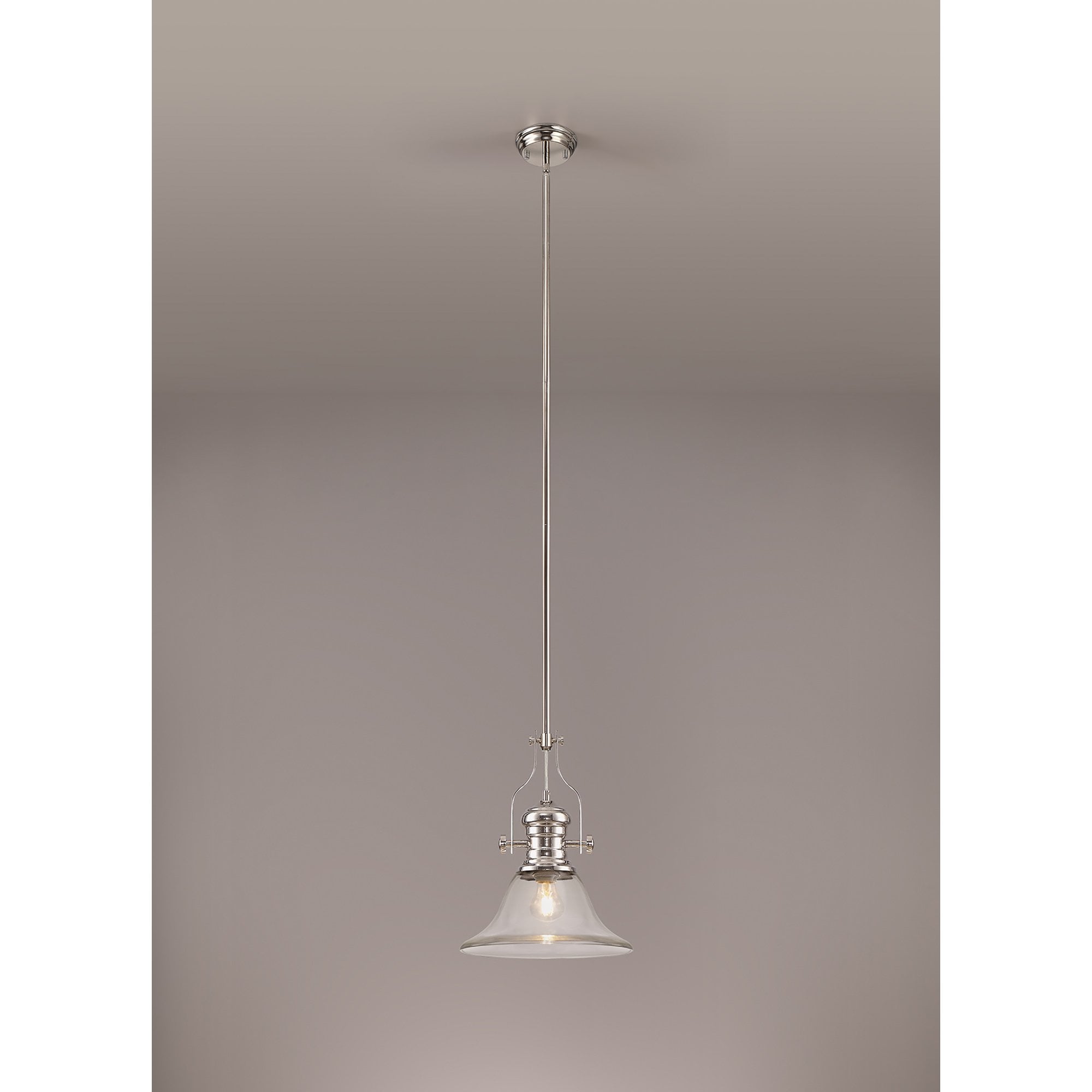 NLK01349 Louis 1 Light Telescopic Pendant With 30cm Smooth Bell Glass Shade Polished Nickel/Clear