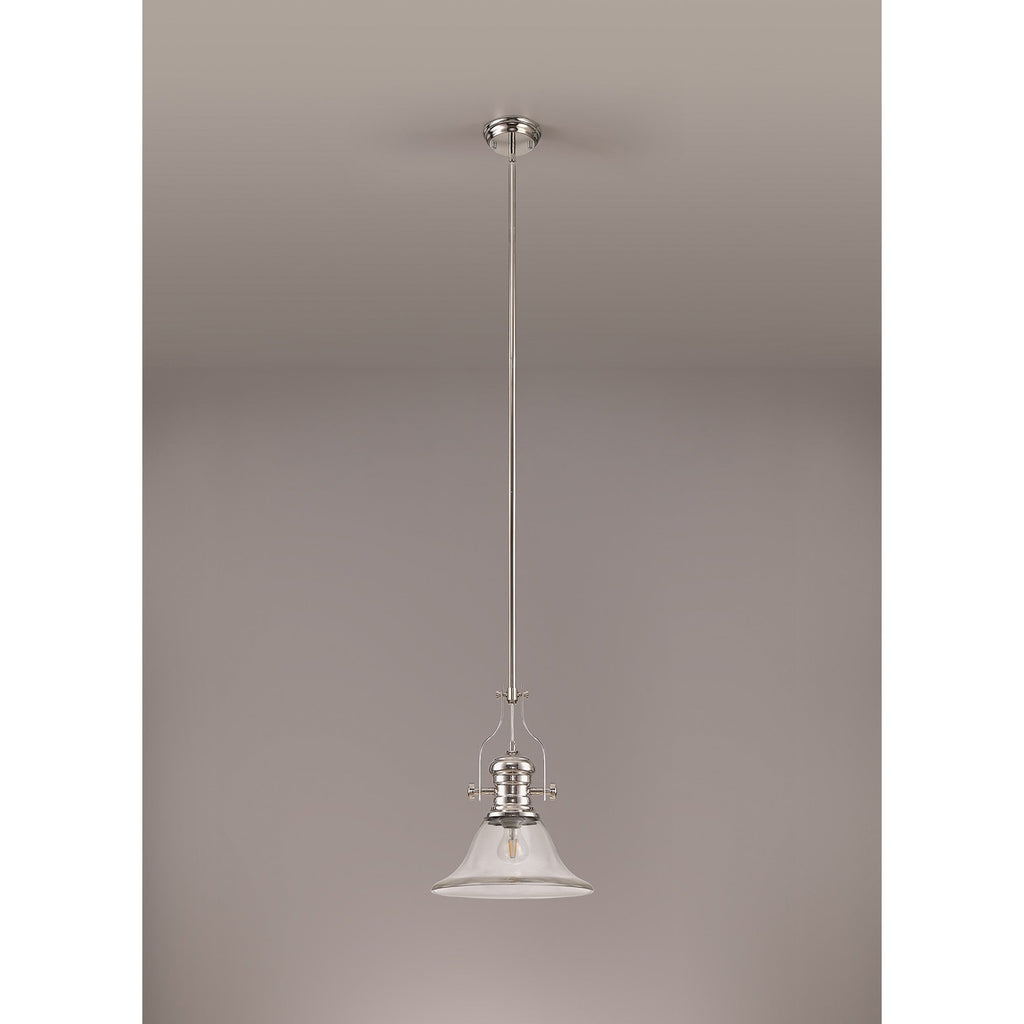 NLK01349 Louis 1 Light Telescopic Pendant With 30cm Smooth Bell Glass Shade Polished Nickel/Clear