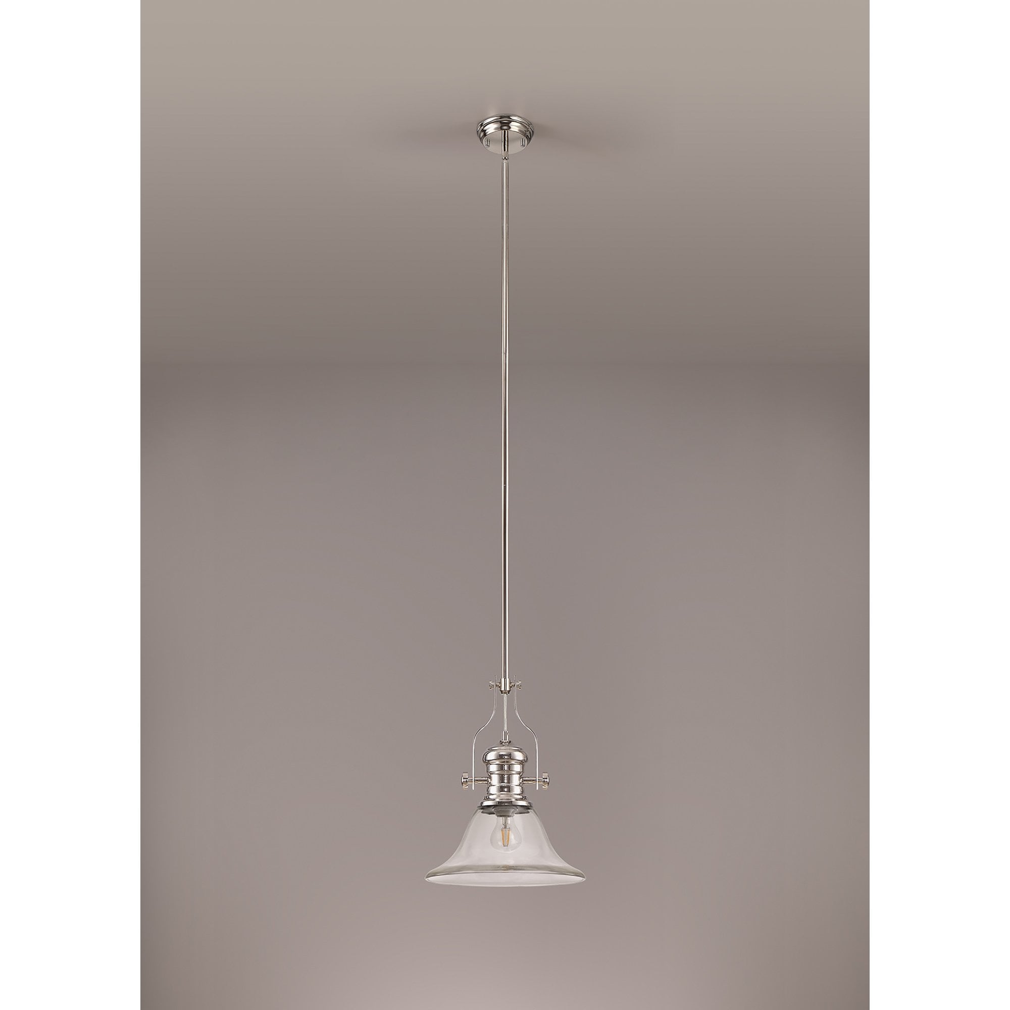 NLK01349 Louis 1 Light Telescopic Pendant With 30cm Smooth Bell Glass Shade Polished Nickel/Clear