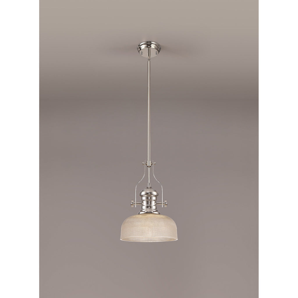 NLK01359 Louis 1 Light Telescopic Pendant With 26.5cm Prismatic Glass Shade Polished Nickel/Clear