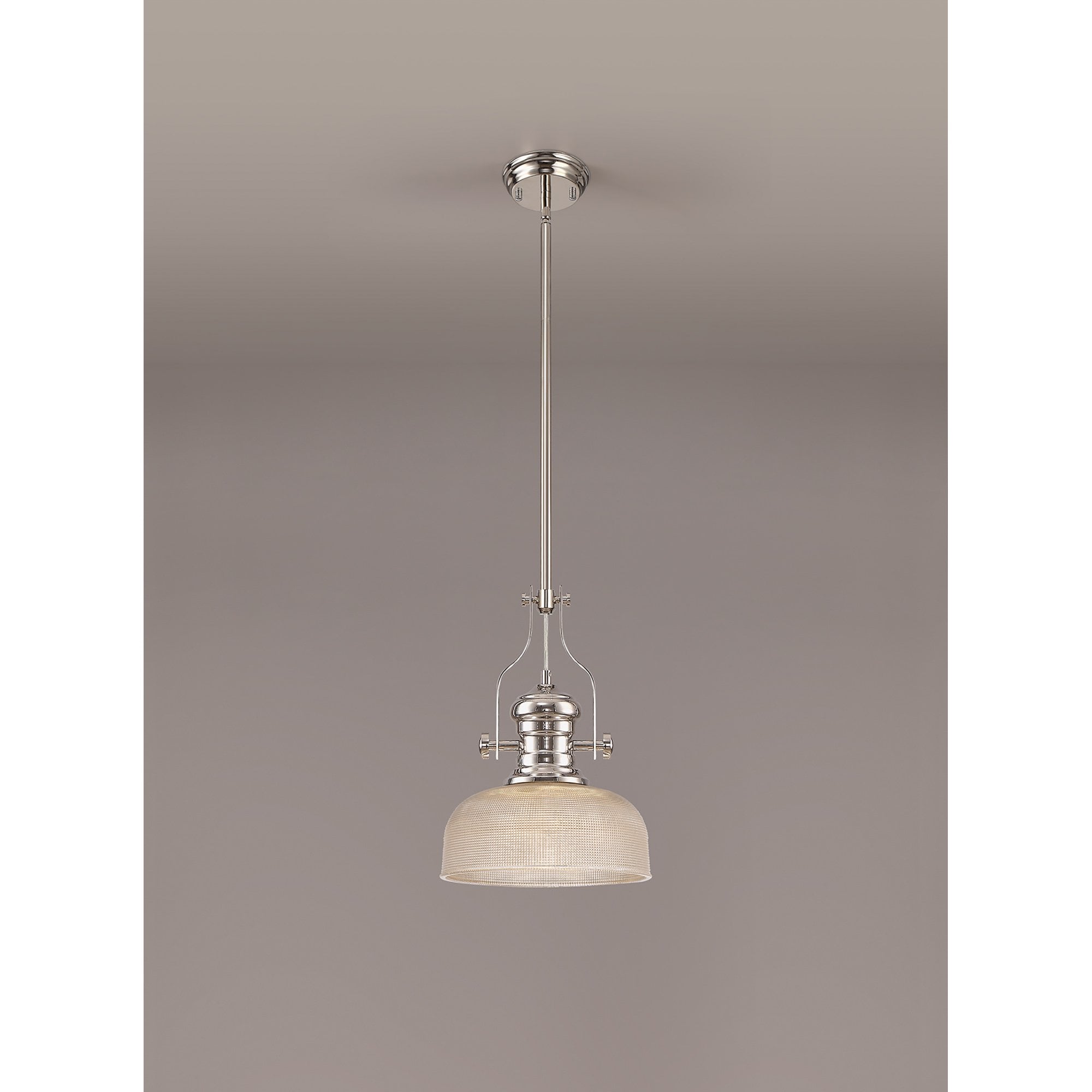 NLK01359 Louis 1 Light Telescopic Pendant With 26.5cm Prismatic Glass Shade Polished Nickel/Clear
