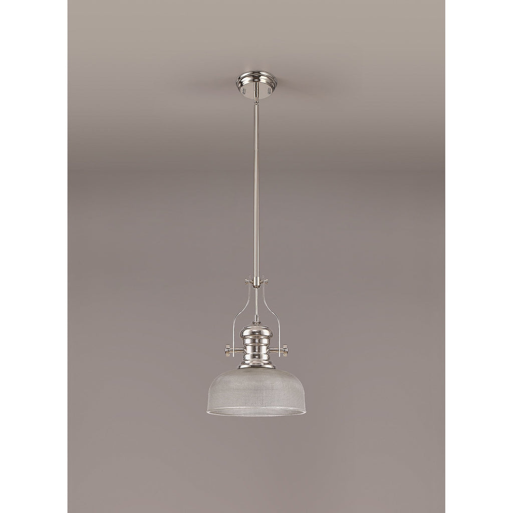 NLK01359 Louis 1 Light Telescopic Pendant With 26.5cm Prismatic Glass Shade Polished Nickel/Clear