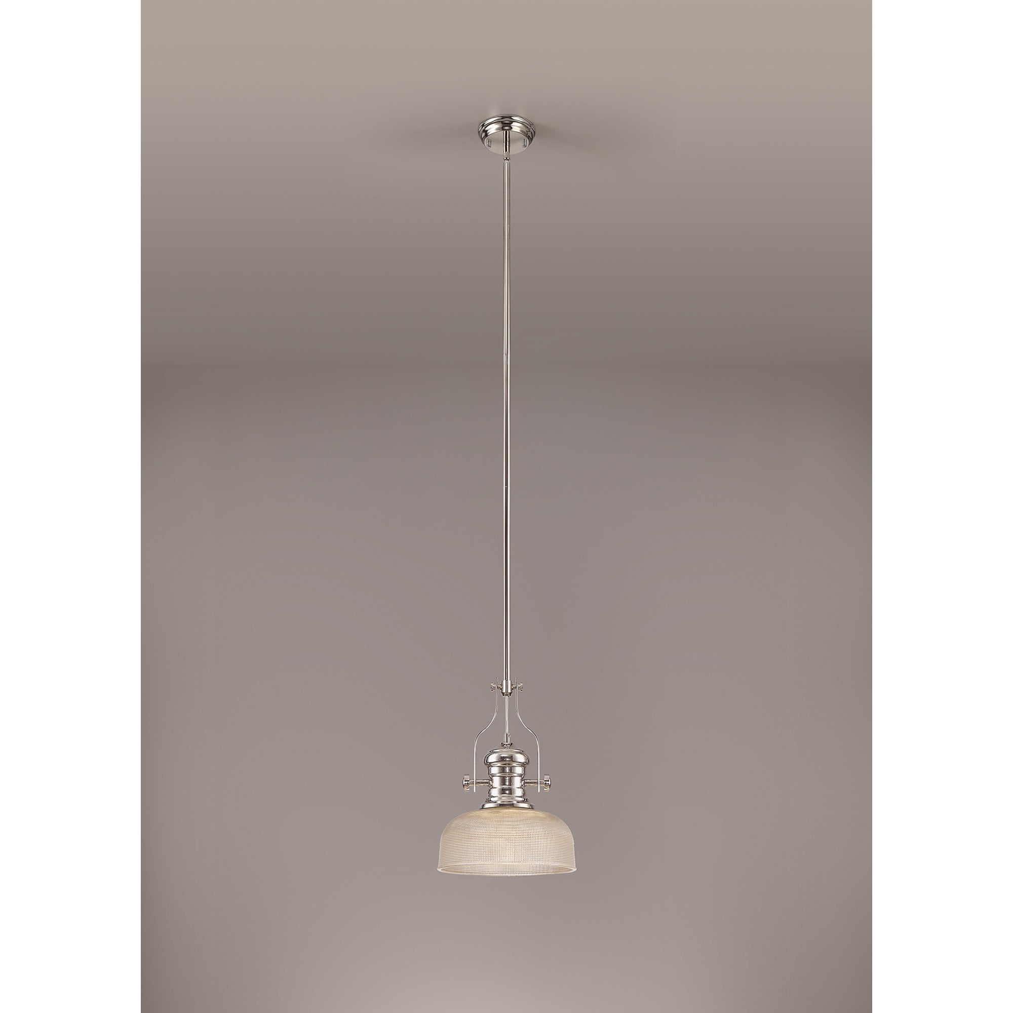 NLK01359 Louis 1 Light Telescopic Pendant With 26.5cm Prismatic Glass Shade Polished Nickel/Clear