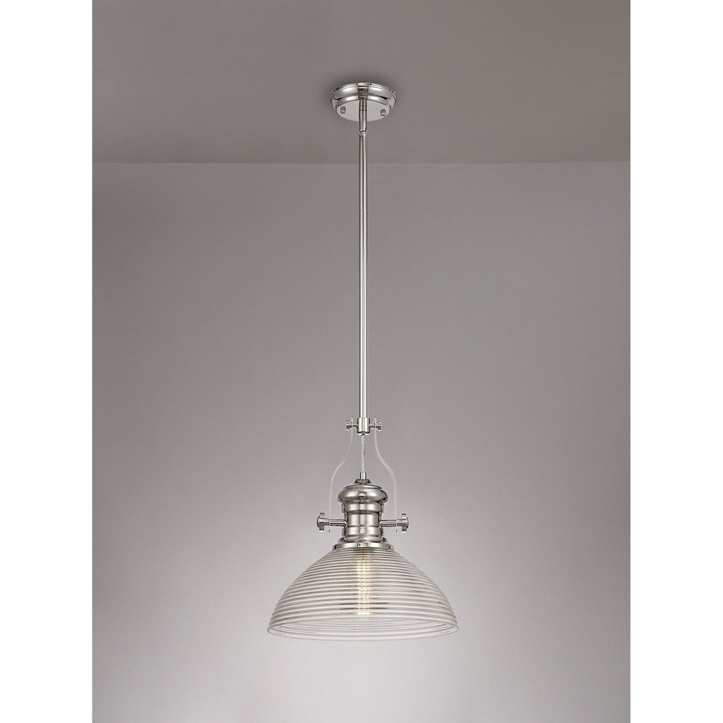 NLK01369 Louis 1 Light Telescopic Pendant With 33.5cm Prismatic Glass Shade Polished Nickel/Clear