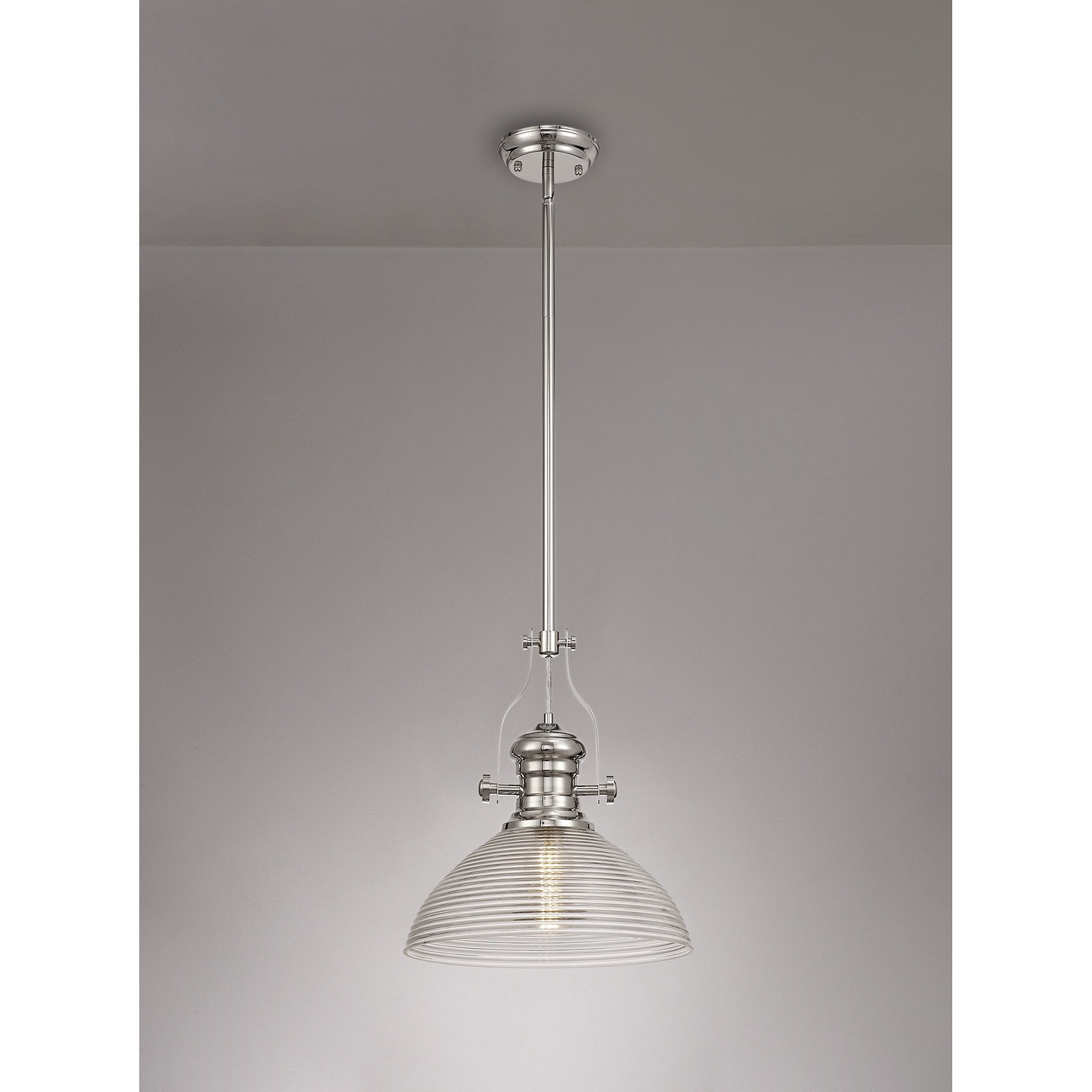 NLK01369 Louis 1 Light Telescopic Pendant With 33.5cm Prismatic Glass Shade Polished Nickel/Clear
