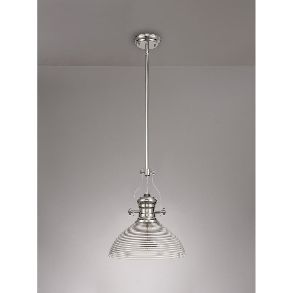 NLK01369 Louis 1 Light Telescopic Pendant With 33.5cm Prismatic Glass Shade Polished Nickel/Clear