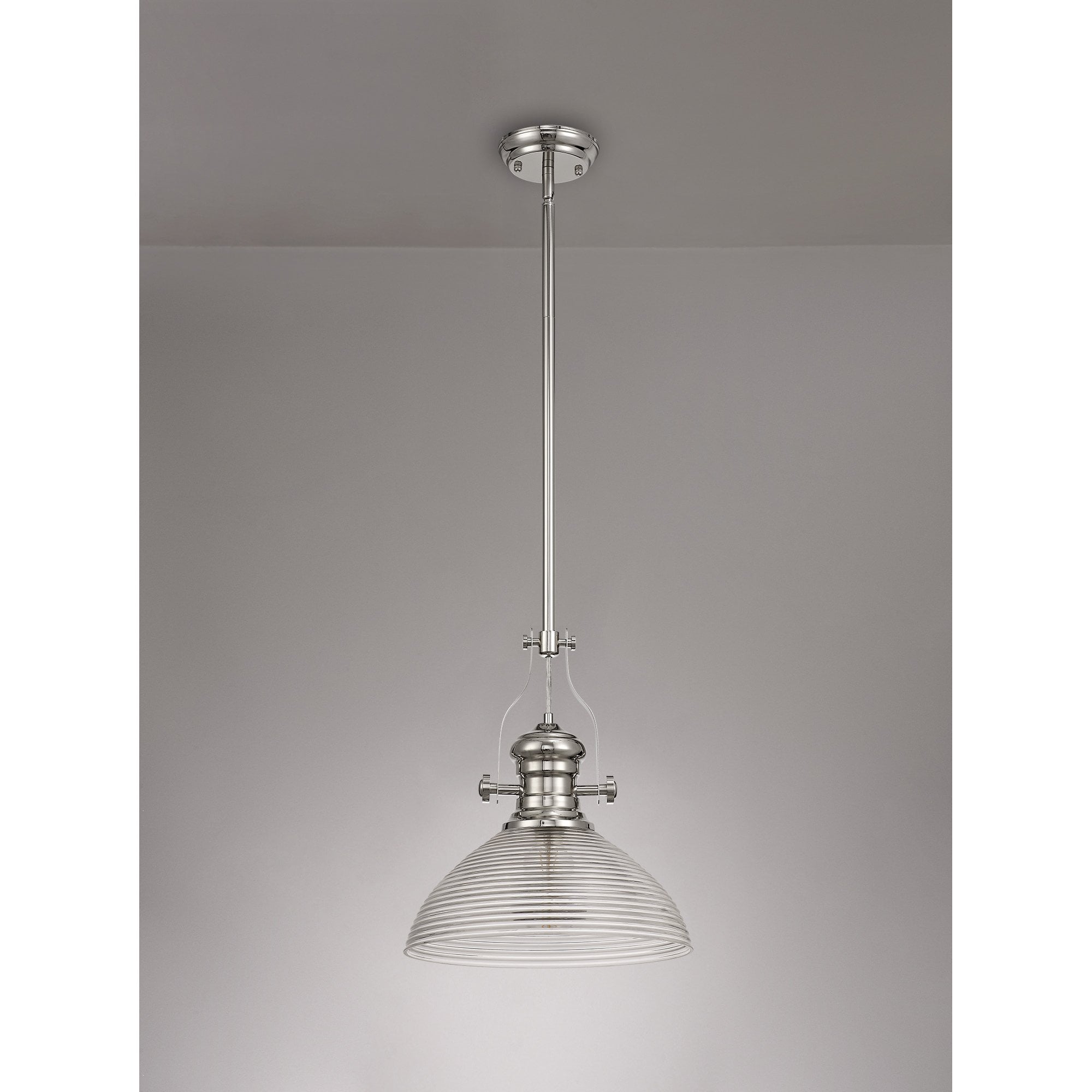 NLK01369 Louis 1 Light Telescopic Pendant With 33.5cm Prismatic Glass Shade Polished Nickel/Clear