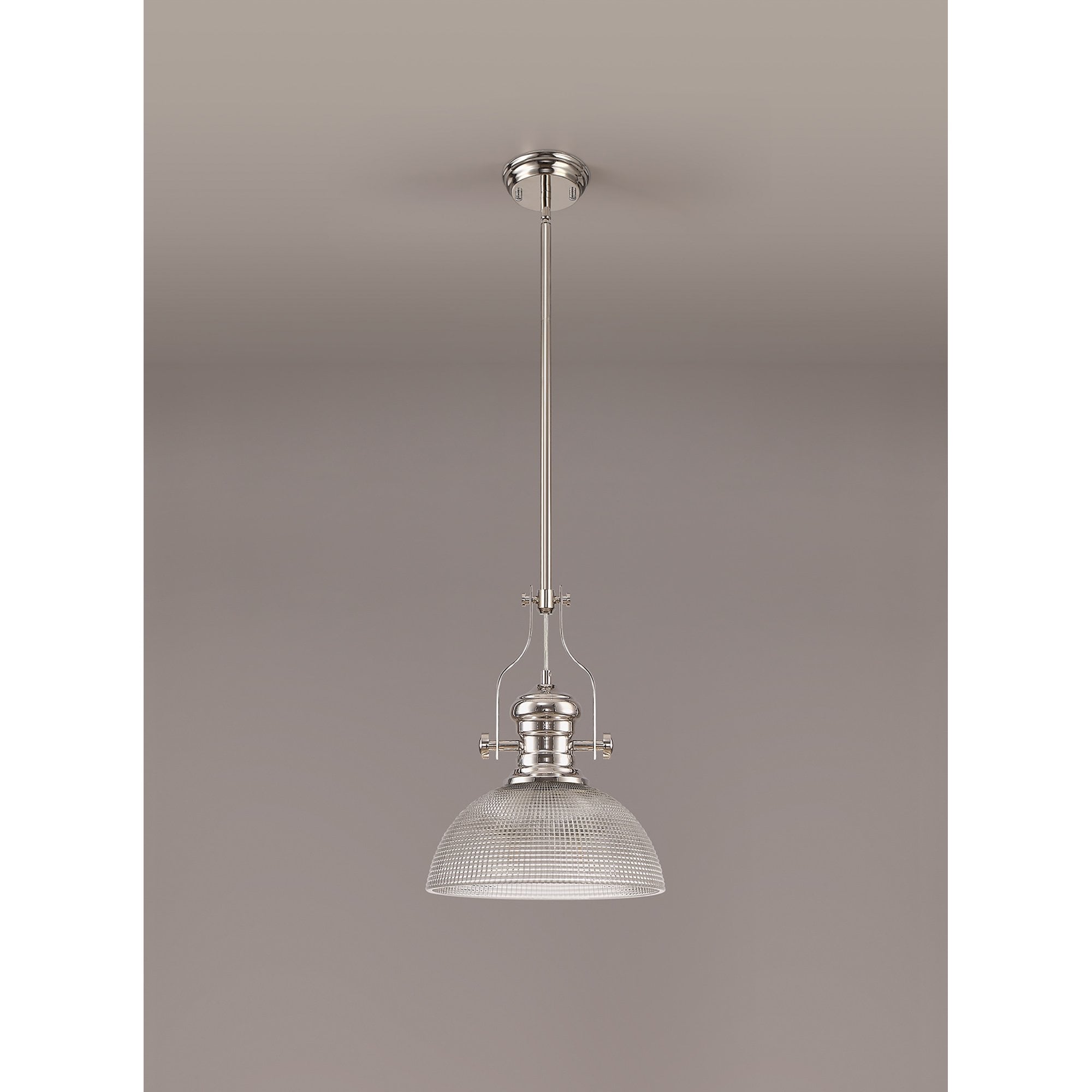 NLK01379 Louis 1 Light Telescopic Pendant With 30cm Prismatic Glass Shade Polished Nickel/Clear