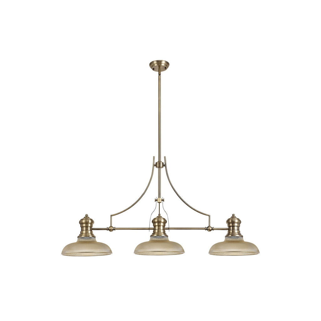 NLK03529 Louis 3 Light Telescopic Pendant With 30cm Round Glass Shade Antique Brass/Amber