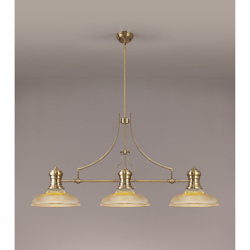 NLK03529 Louis 3 Light Telescopic Pendant With 30cm Round Glass Shade Antique Brass/Amber
