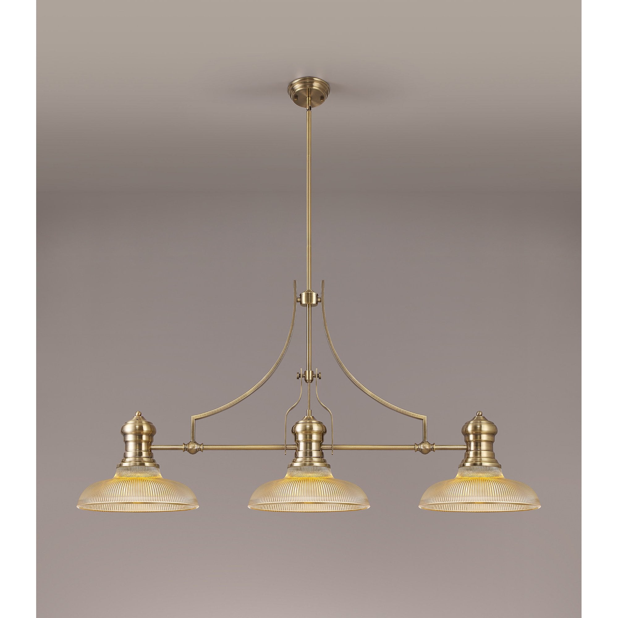 NLK03529 Louis 3 Light Telescopic Pendant With 30cm Round Glass Shade Antique Brass/Amber