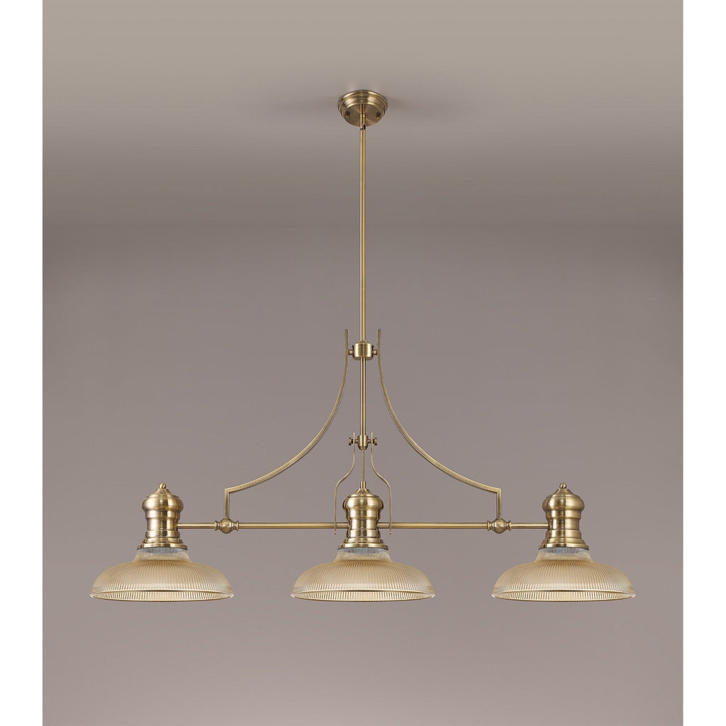 NLK03529 Louis 3 Light Telescopic Pendant With 30cm Round Glass Shade Antique Brass/Amber