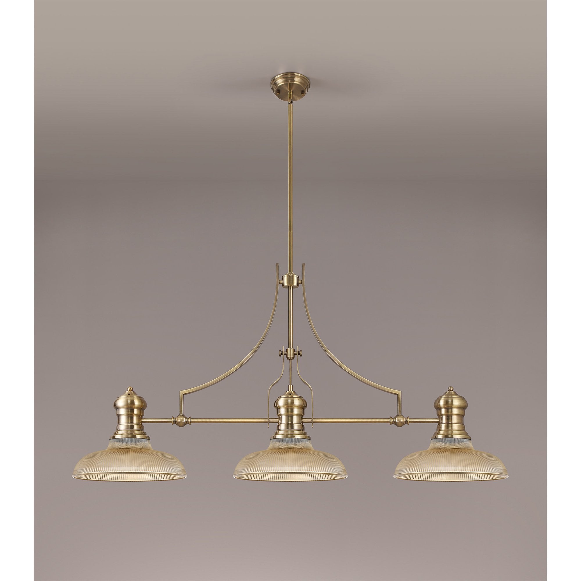 NLK03529 Louis 3 Light Telescopic Pendant With 30cm Round Glass Shade Antique Brass/Amber