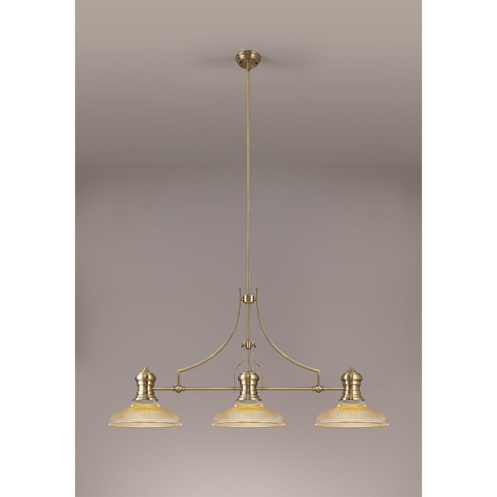 NLK03529 Louis 3 Light Telescopic Pendant With 30cm Round Glass Shade Antique Brass/Amber