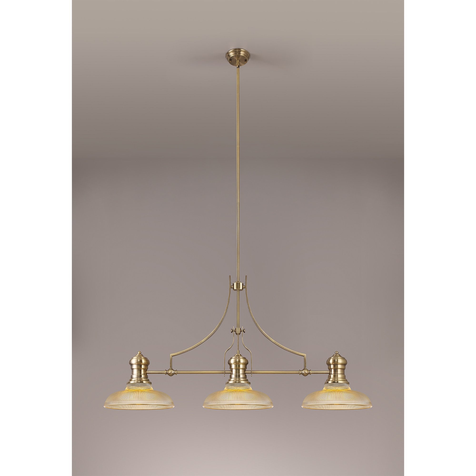 NLK03529 Louis 3 Light Telescopic Pendant With 30cm Round Glass Shade Antique Brass/Amber