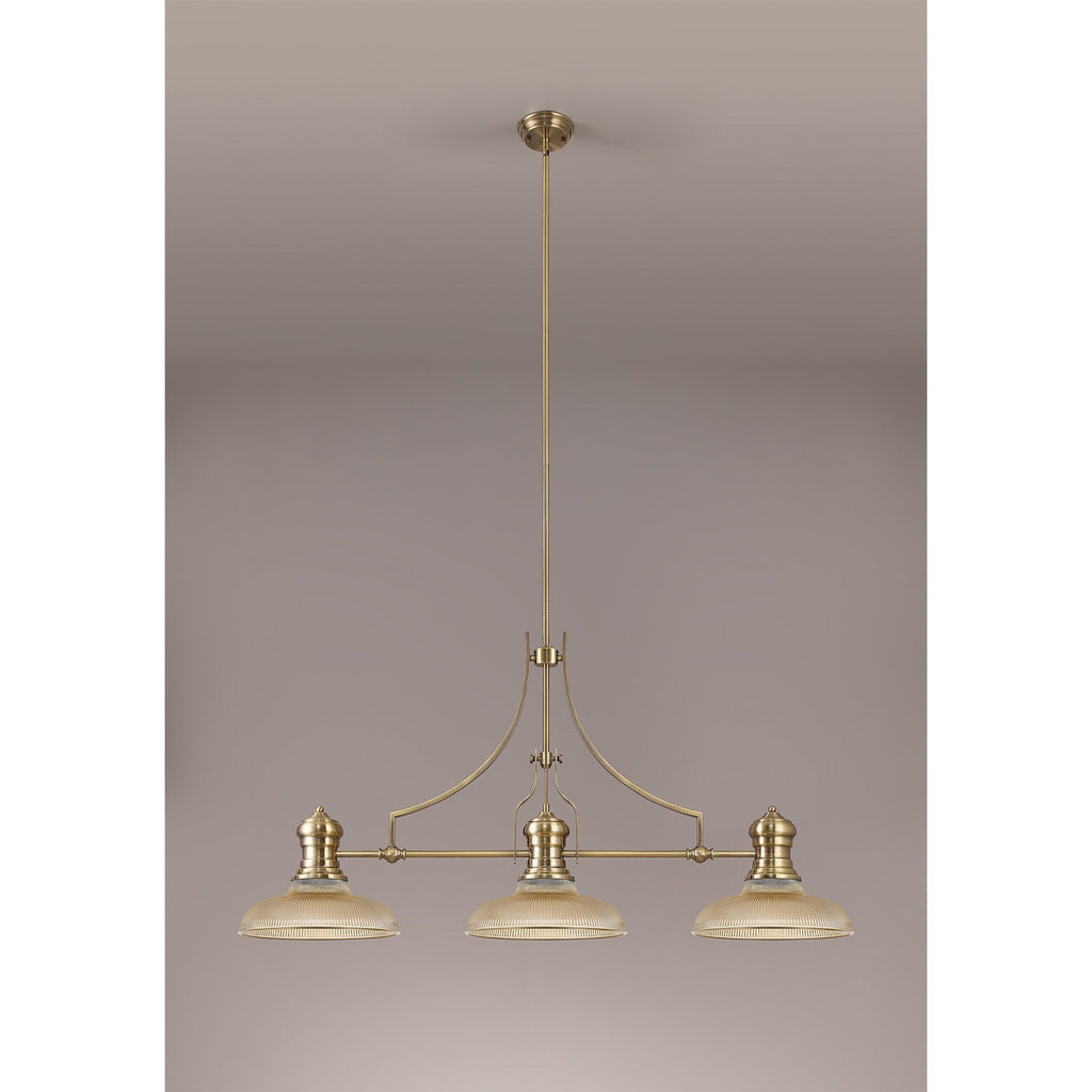 NLK03529 Louis 3 Light Telescopic Pendant With 30cm Round Glass Shade Antique Brass/Amber
