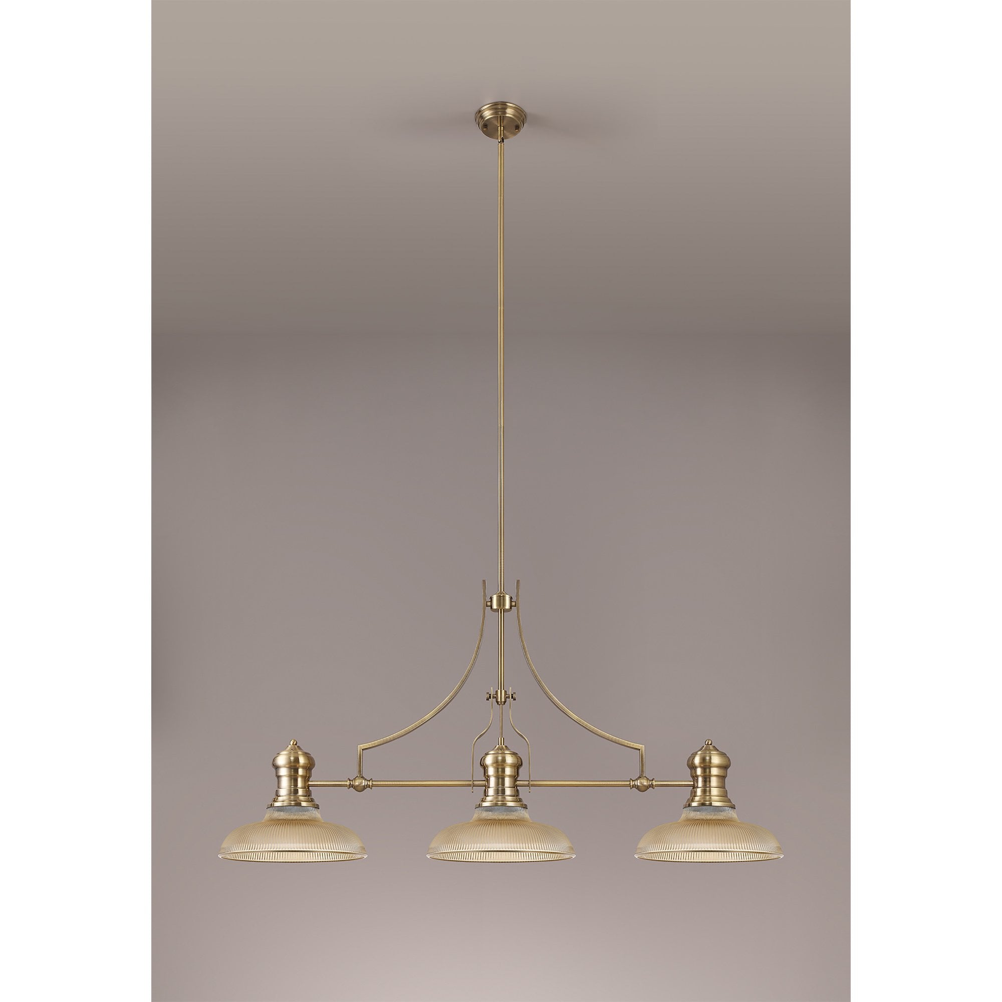 NLK03529 Louis 3 Light Telescopic Pendant With 30cm Round Glass Shade Antique Brass/Amber