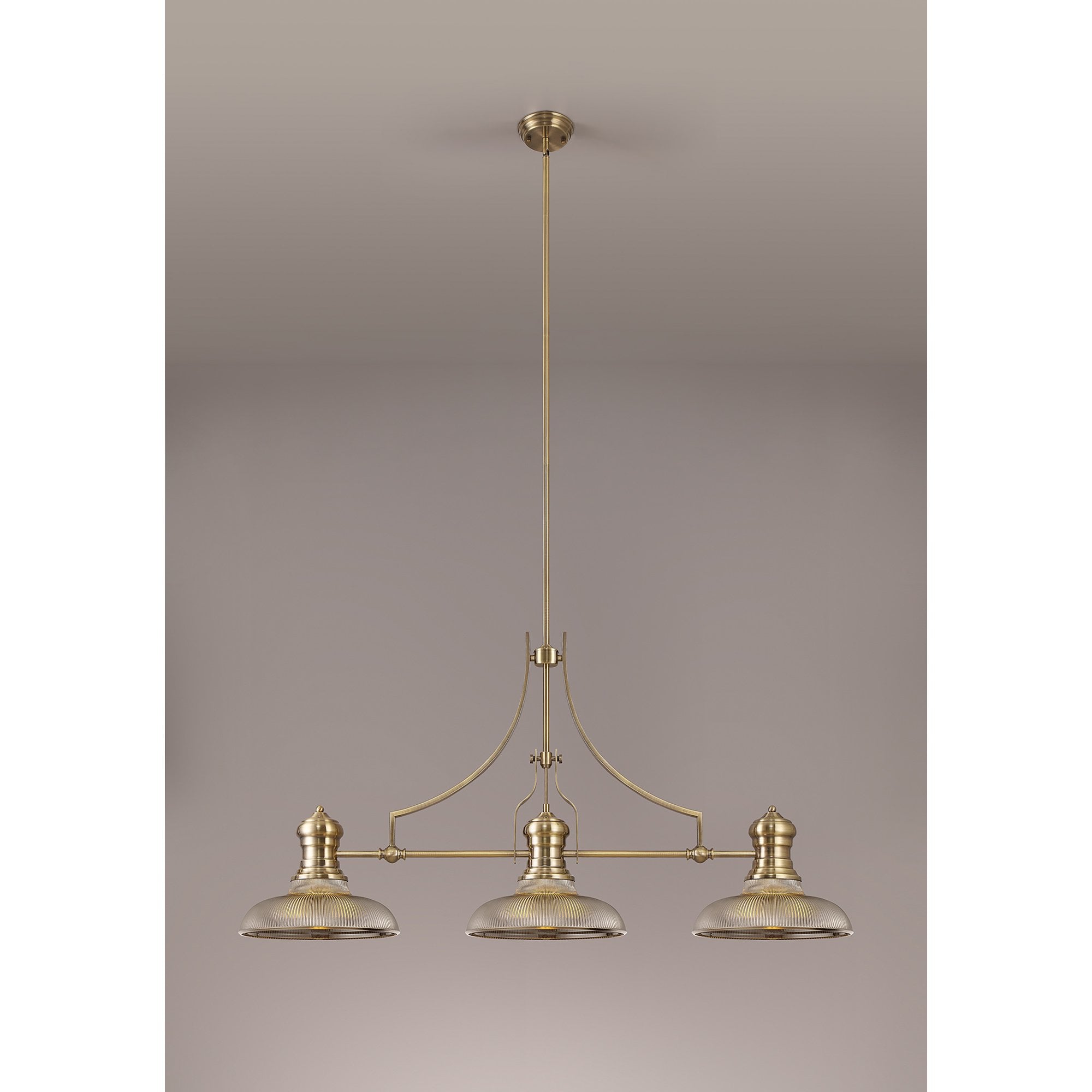 NLK03539 Louis 3 Light Telescopic Pendant With 30cm Round Glass Shade Antique Brass/Smoked