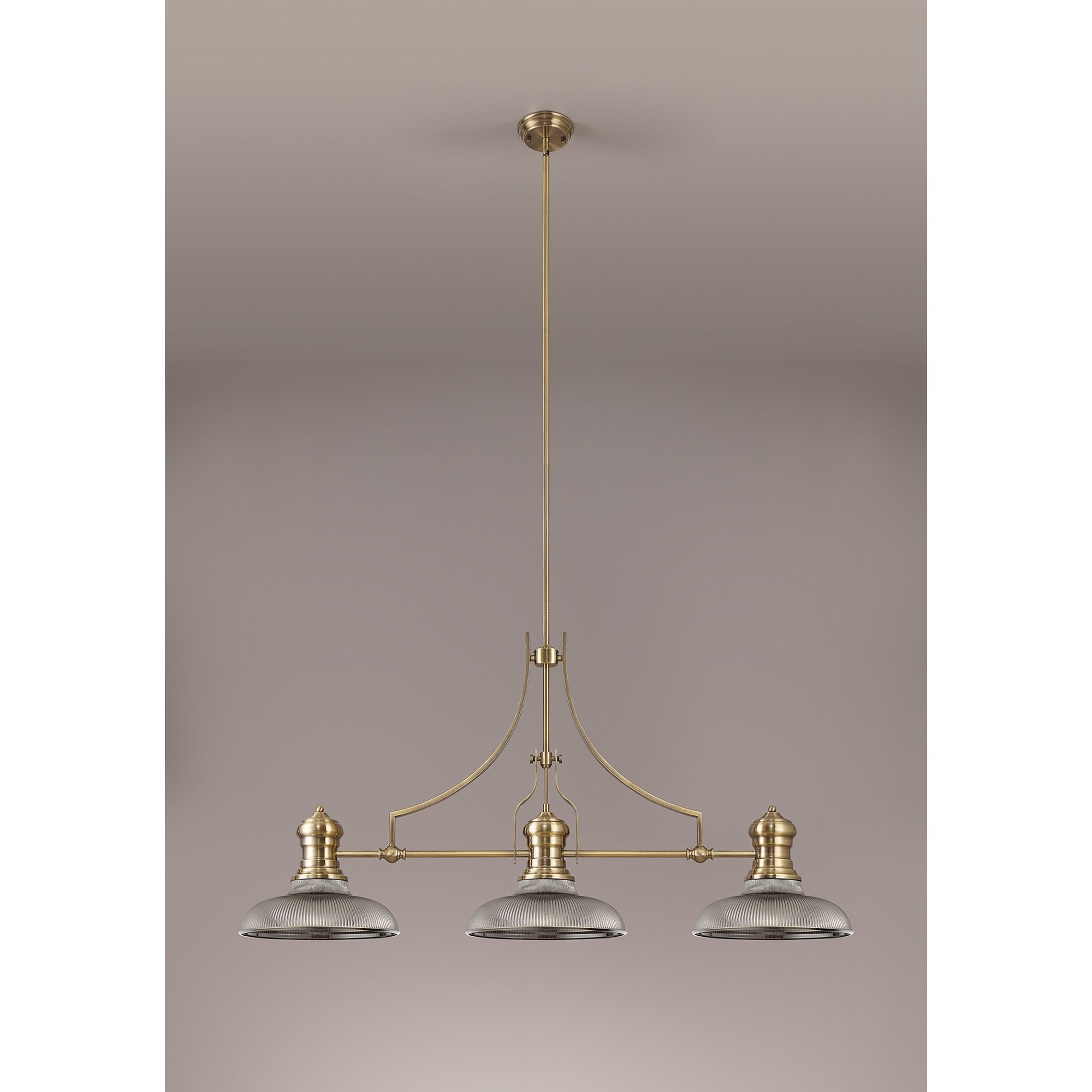 NLK03539 Louis 3 Light Telescopic Pendant With 30cm Round Glass Shade Antique Brass/Smoked