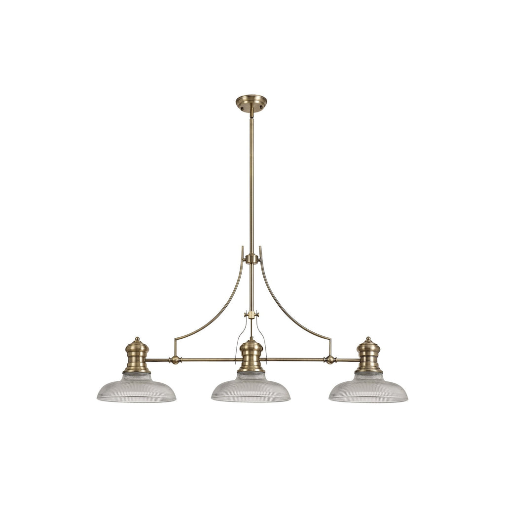 NLK03549 Louis 3 Light Telescopic Pendant With 30cm Round Glass Shade Antique Brass/Clear
