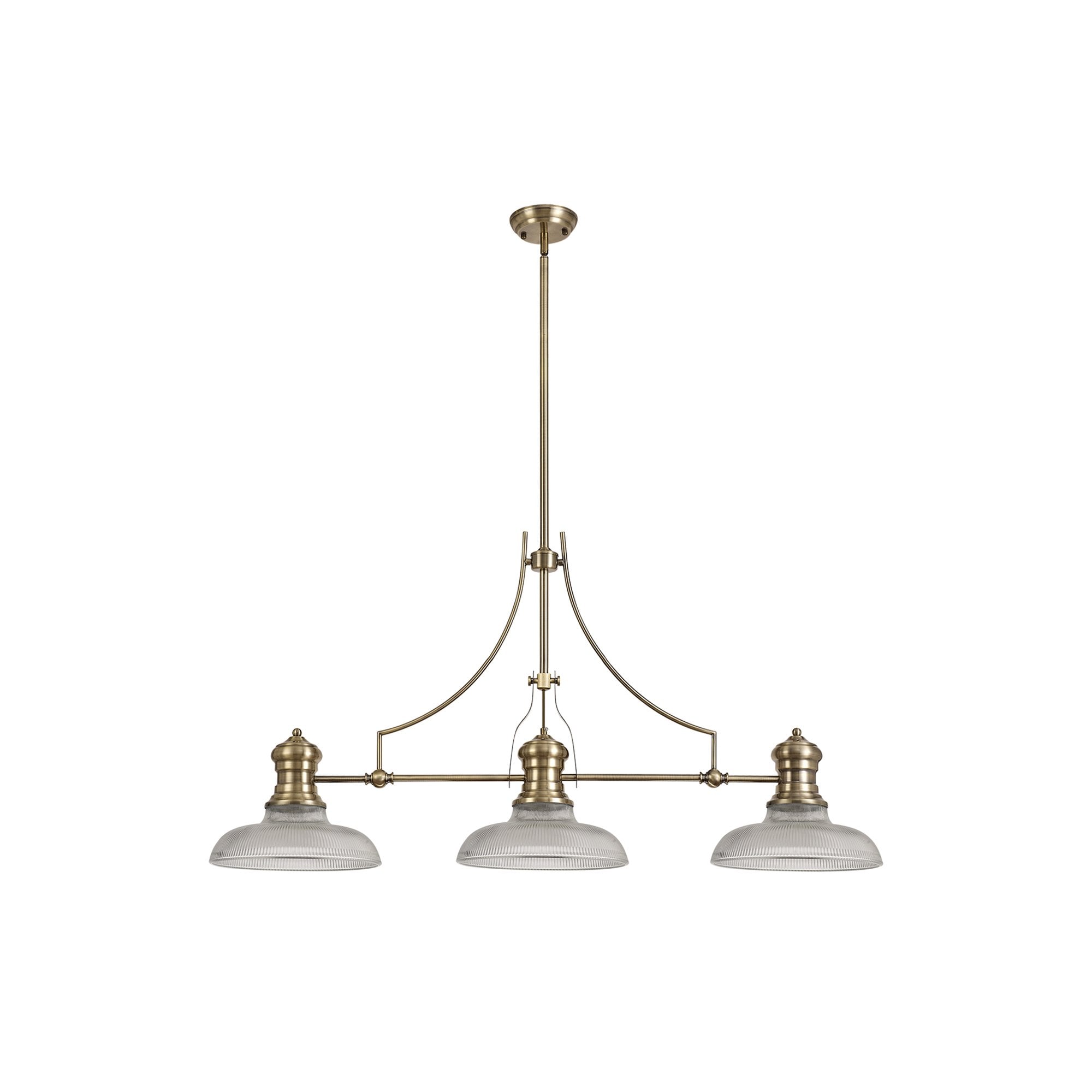 NLK03549 Louis 3 Light Telescopic Pendant With 30cm Round Glass Shade Antique Brass/Clear
