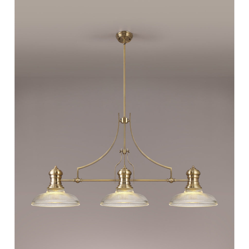 NLK03549 Louis 3 Light Telescopic Pendant With 30cm Round Glass Shade Antique Brass/Clear