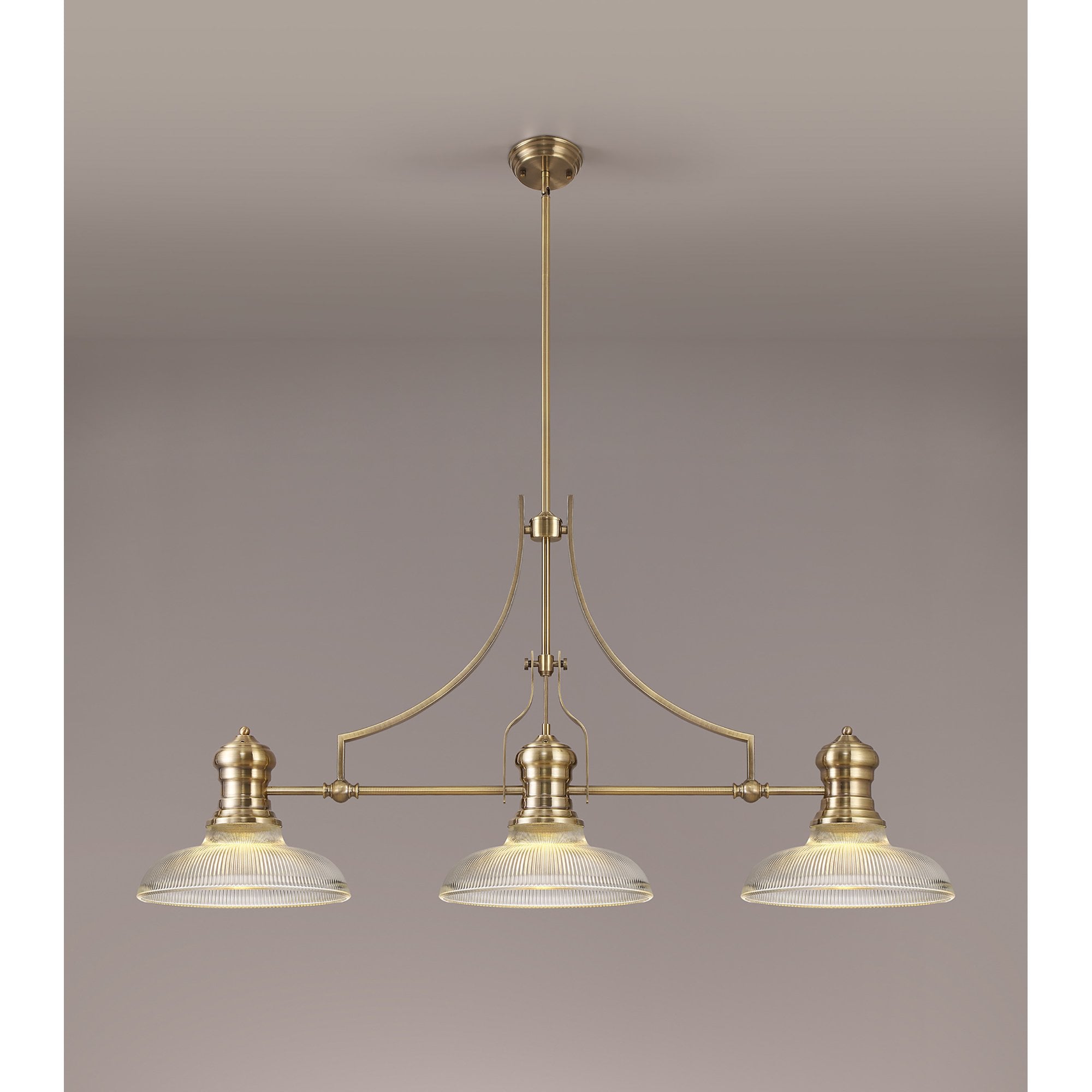 NLK03549 Louis 3 Light Telescopic Pendant With 30cm Round Glass Shade Antique Brass/Clear