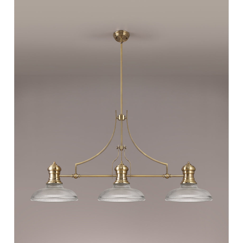 NLK03549 Louis 3 Light Telescopic Pendant With 30cm Round Glass Shade Antique Brass/Clear