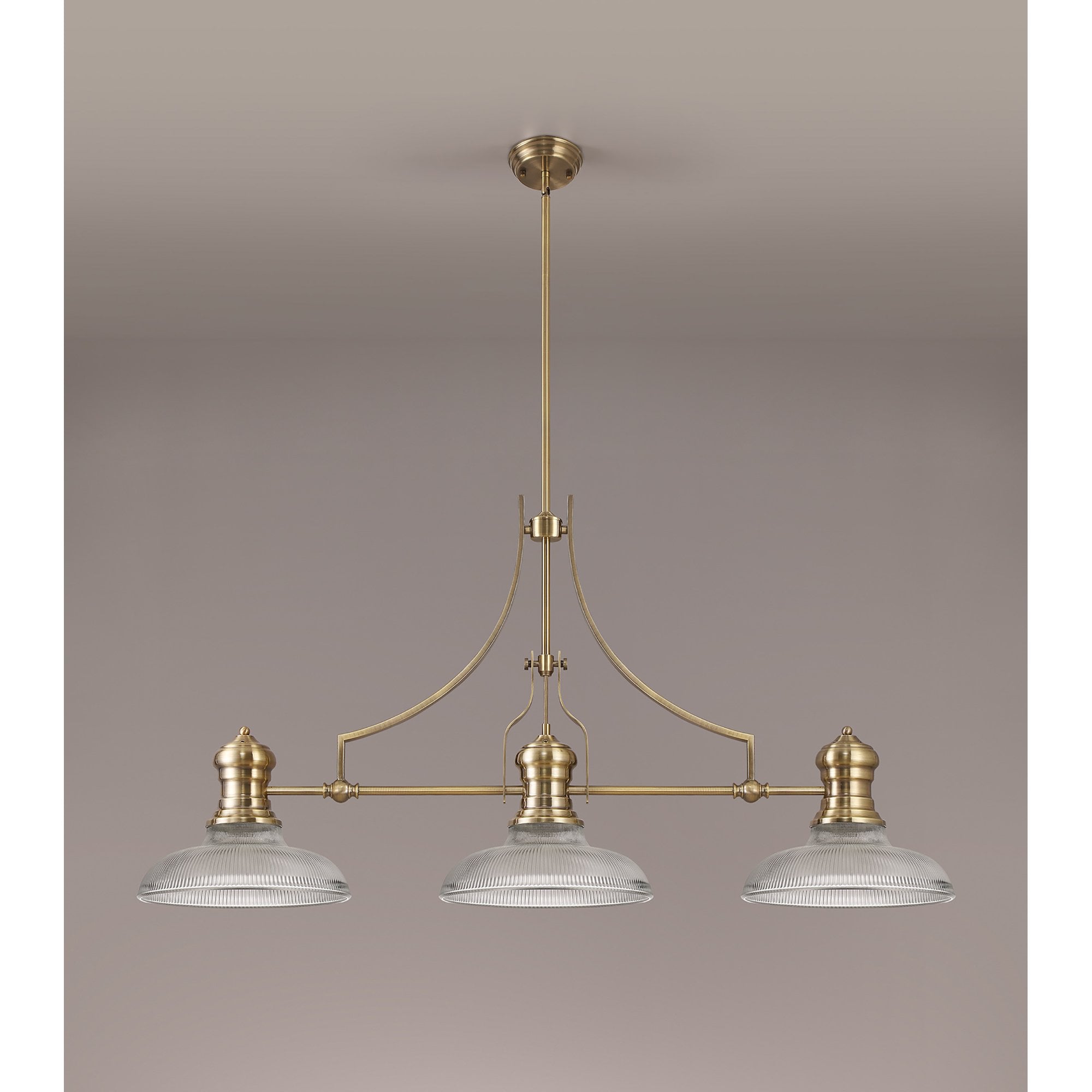 NLK03549 Louis 3 Light Telescopic Pendant With 30cm Round Glass Shade Antique Brass/Clear