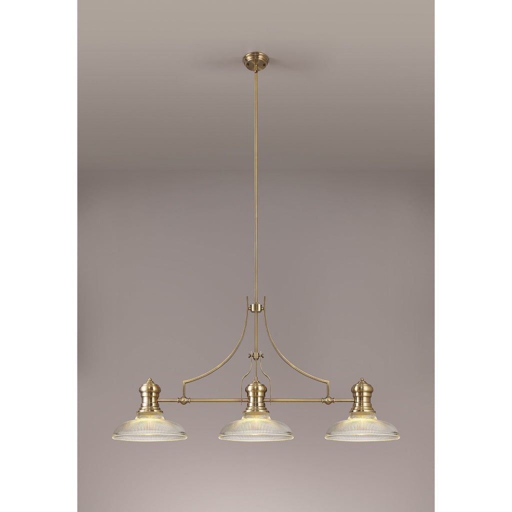 NLK03549 Louis 3 Light Telescopic Pendant With 30cm Round Glass Shade Antique Brass/Clear