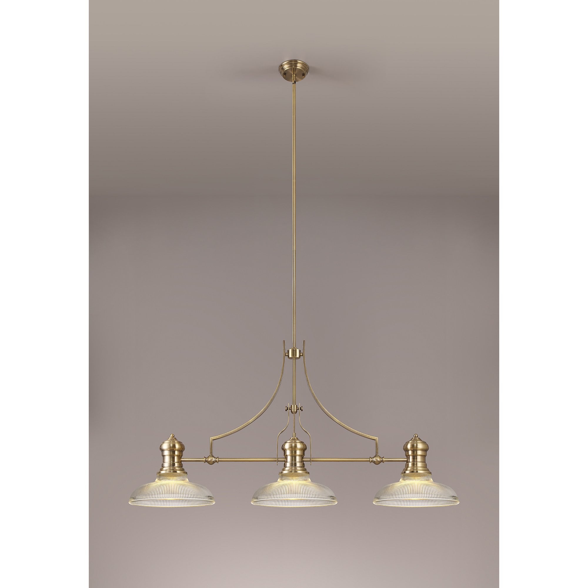 NLK03549 Louis 3 Light Telescopic Pendant With 30cm Round Glass Shade Antique Brass/Clear