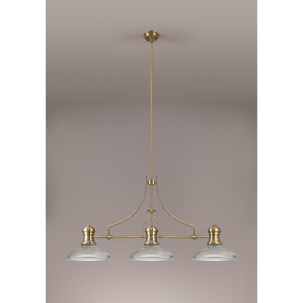 NLK03549 Louis 3 Light Telescopic Pendant With 30cm Round Glass Shade Antique Brass/Clear