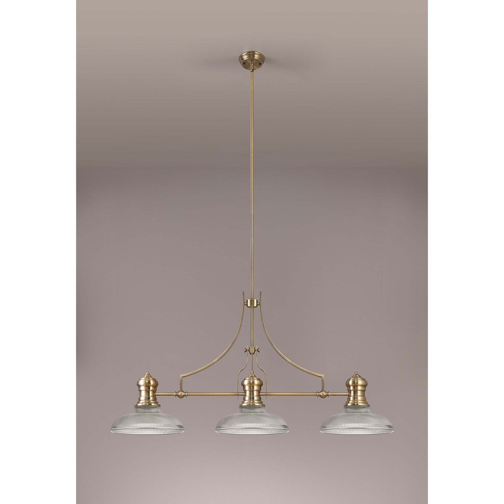 NLK03549 Louis 3 Light Telescopic Pendant With 30cm Round Glass Shade Antique Brass/Clear