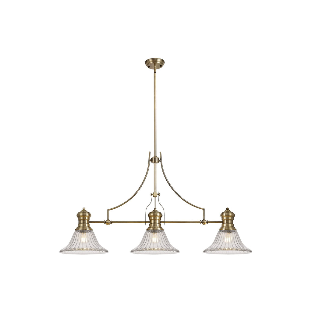 NLK03559 Louis 3 Light Telescopic Pendant With 30cm Bell Glass Shade Antique Brass/Clear