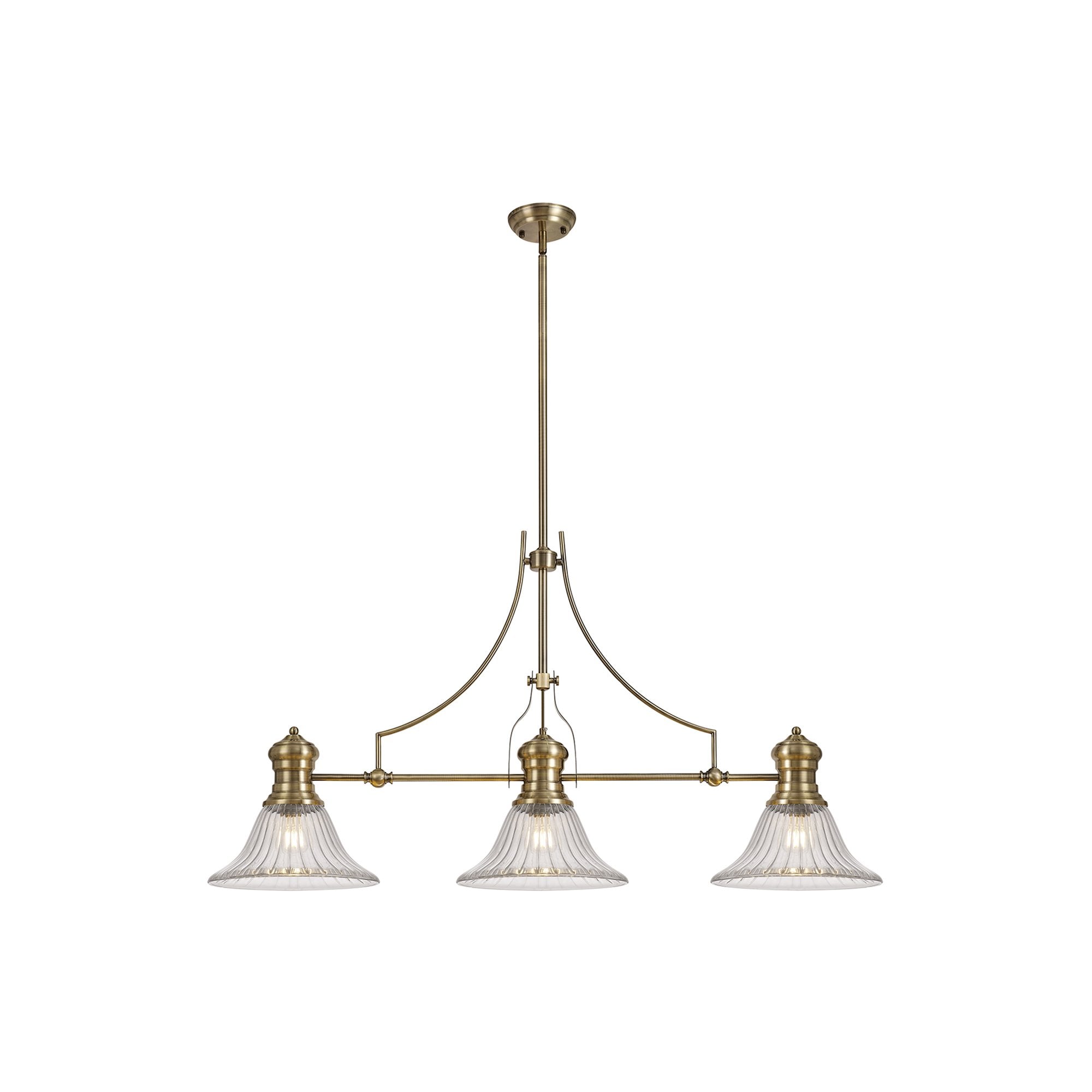 NLK03559 Louis 3 Light Telescopic Pendant With 30cm Bell Glass Shade Antique Brass/Clear