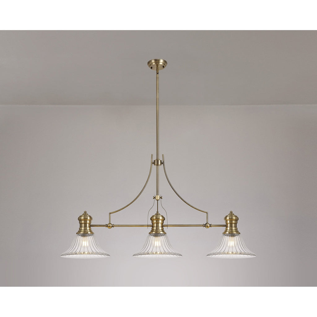 NLK03559 Louis 3 Light Telescopic Pendant With 30cm Bell Glass Shade Antique Brass/Clear
