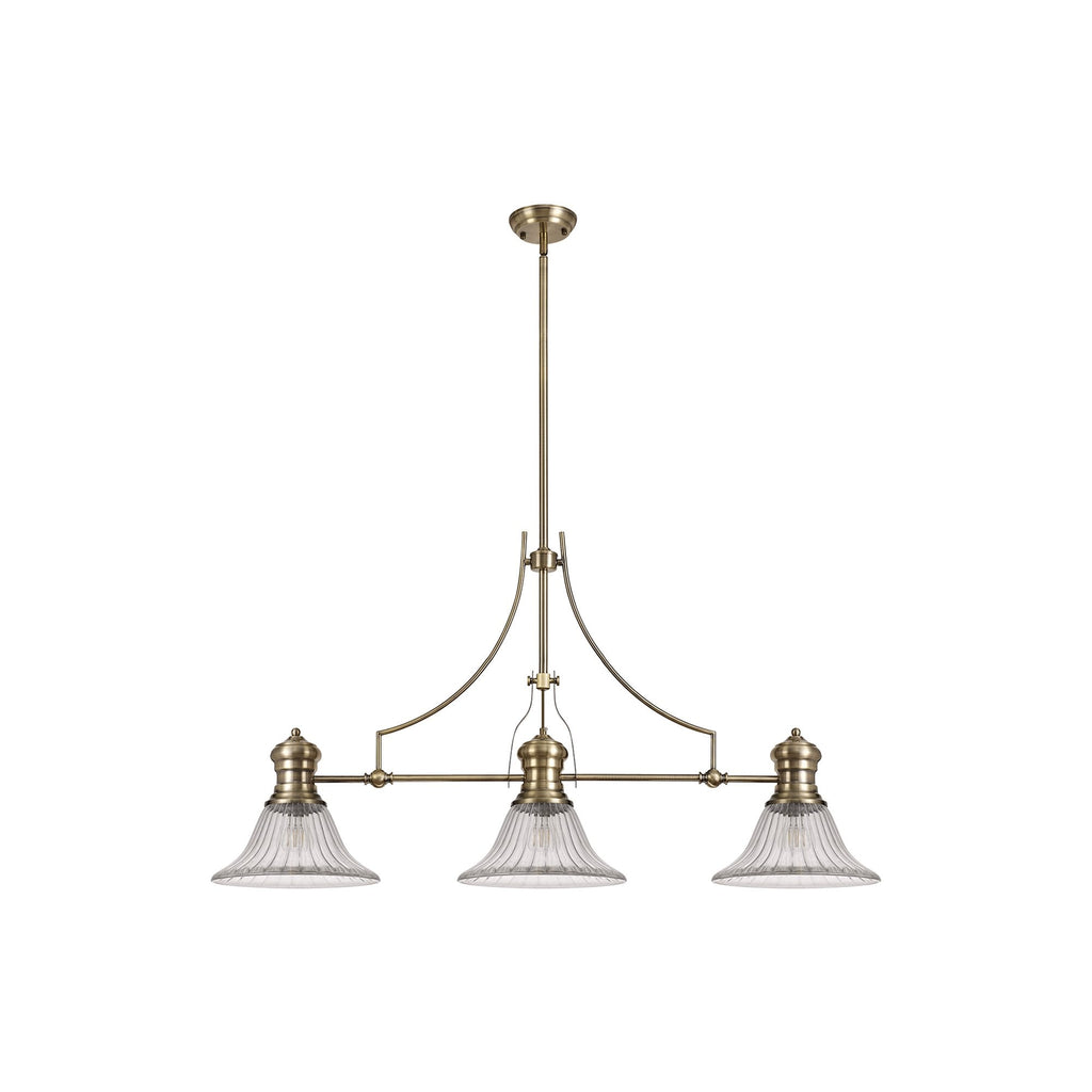 NLK03559 Louis 3 Light Telescopic Pendant With 30cm Bell Glass Shade Antique Brass/Clear