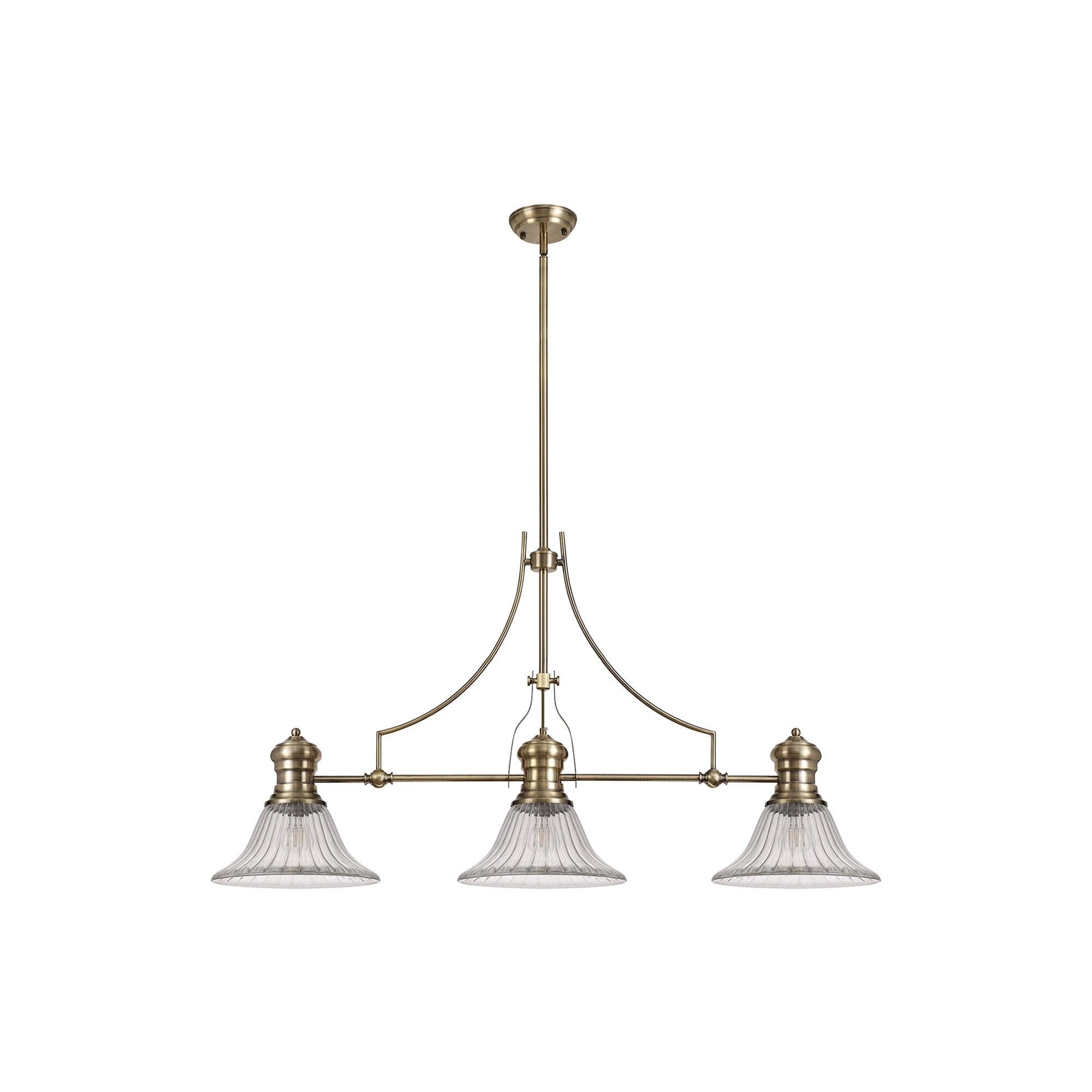 NLK03559 Louis 3 Light Telescopic Pendant With 30cm Bell Glass Shade Antique Brass/Clear