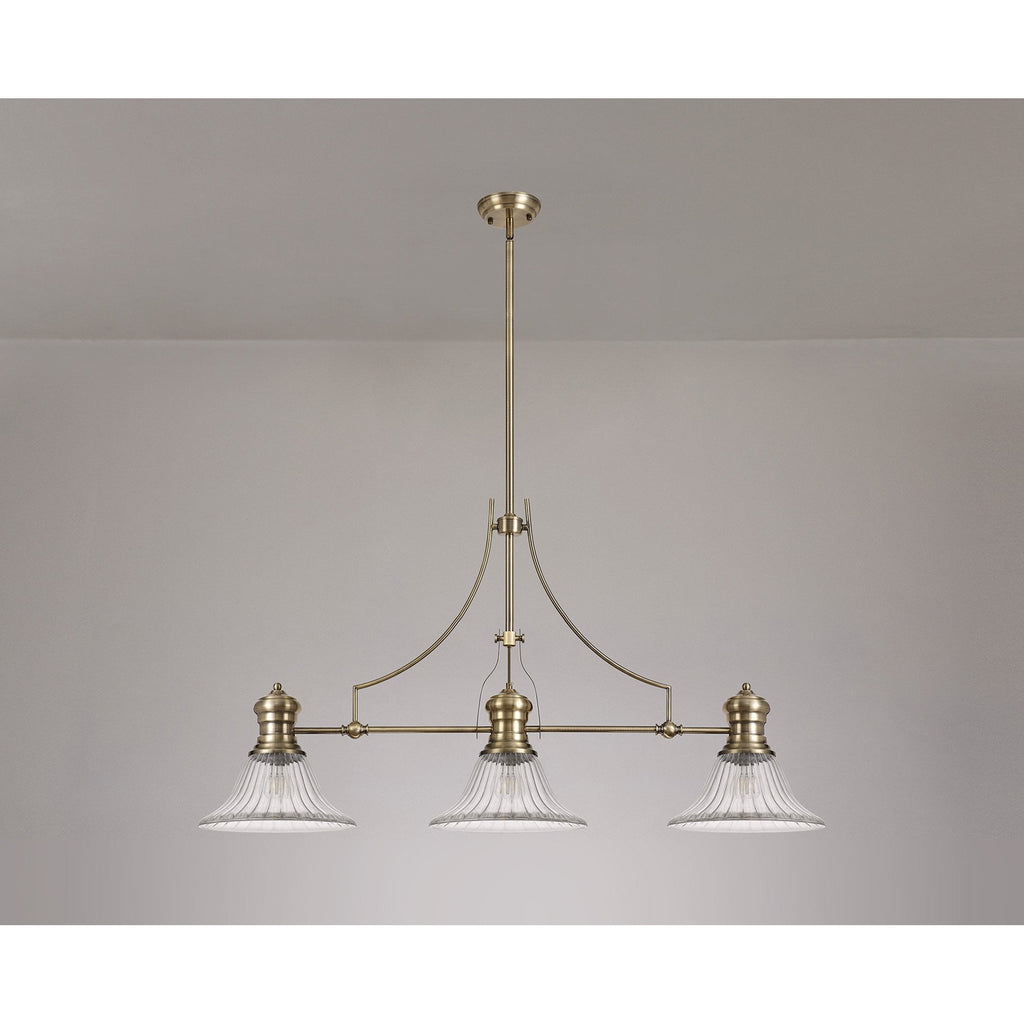NLK03559 Louis 3 Light Telescopic Pendant With 30cm Bell Glass Shade Antique Brass/Clear