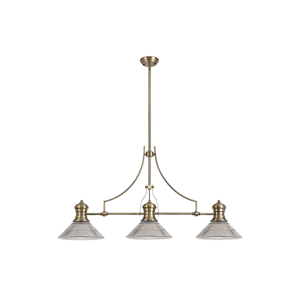 NLK03569 Louis 3 Light Telescopic Pendant With 30cm Cone Glass Shade Antique Brass/Clear