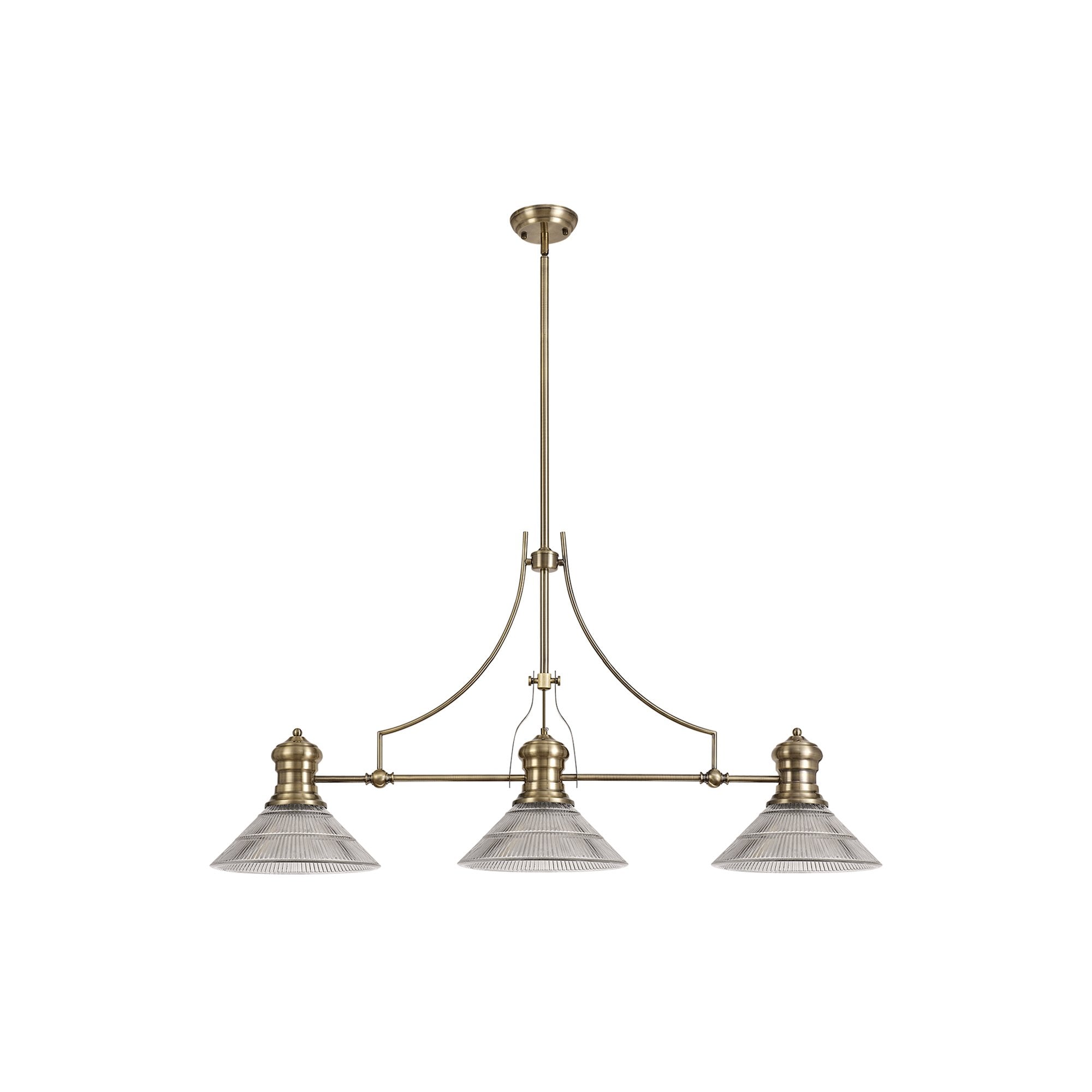 NLK03569 Louis 3 Light Telescopic Pendant With 30cm Cone Glass Shade Antique Brass/Clear