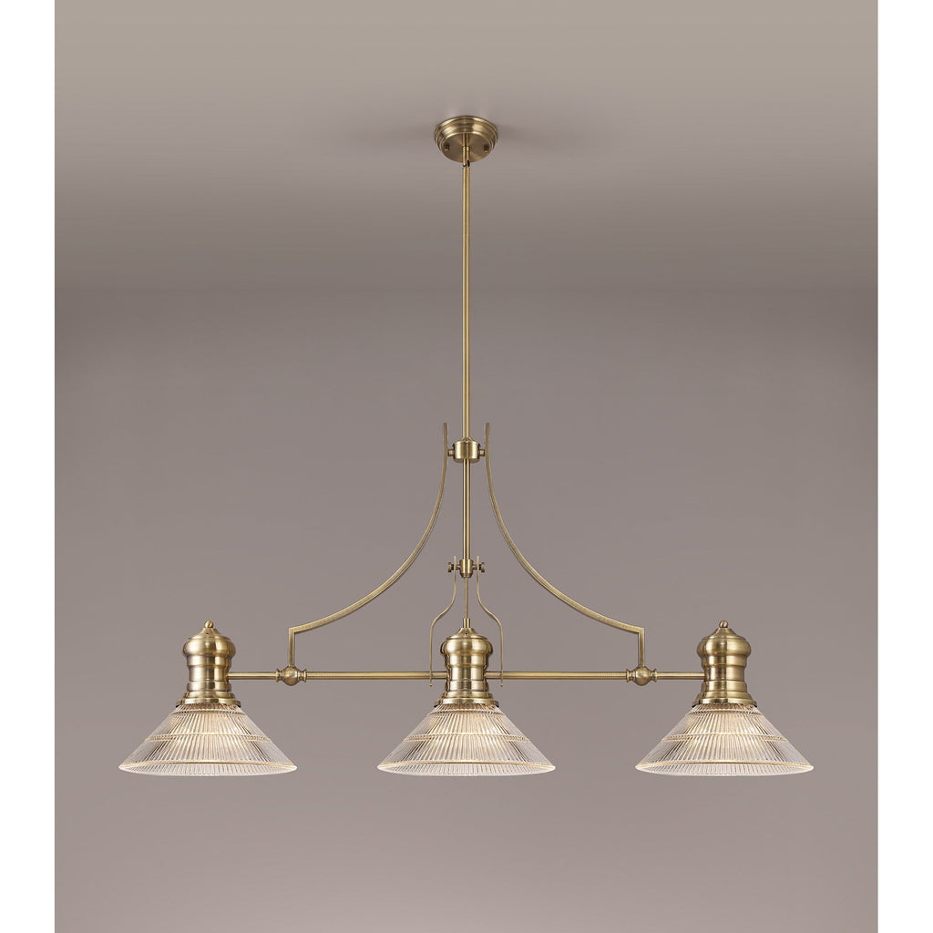 NLK03569 Louis 3 Light Telescopic Pendant With 30cm Cone Glass Shade Antique Brass/Clear
