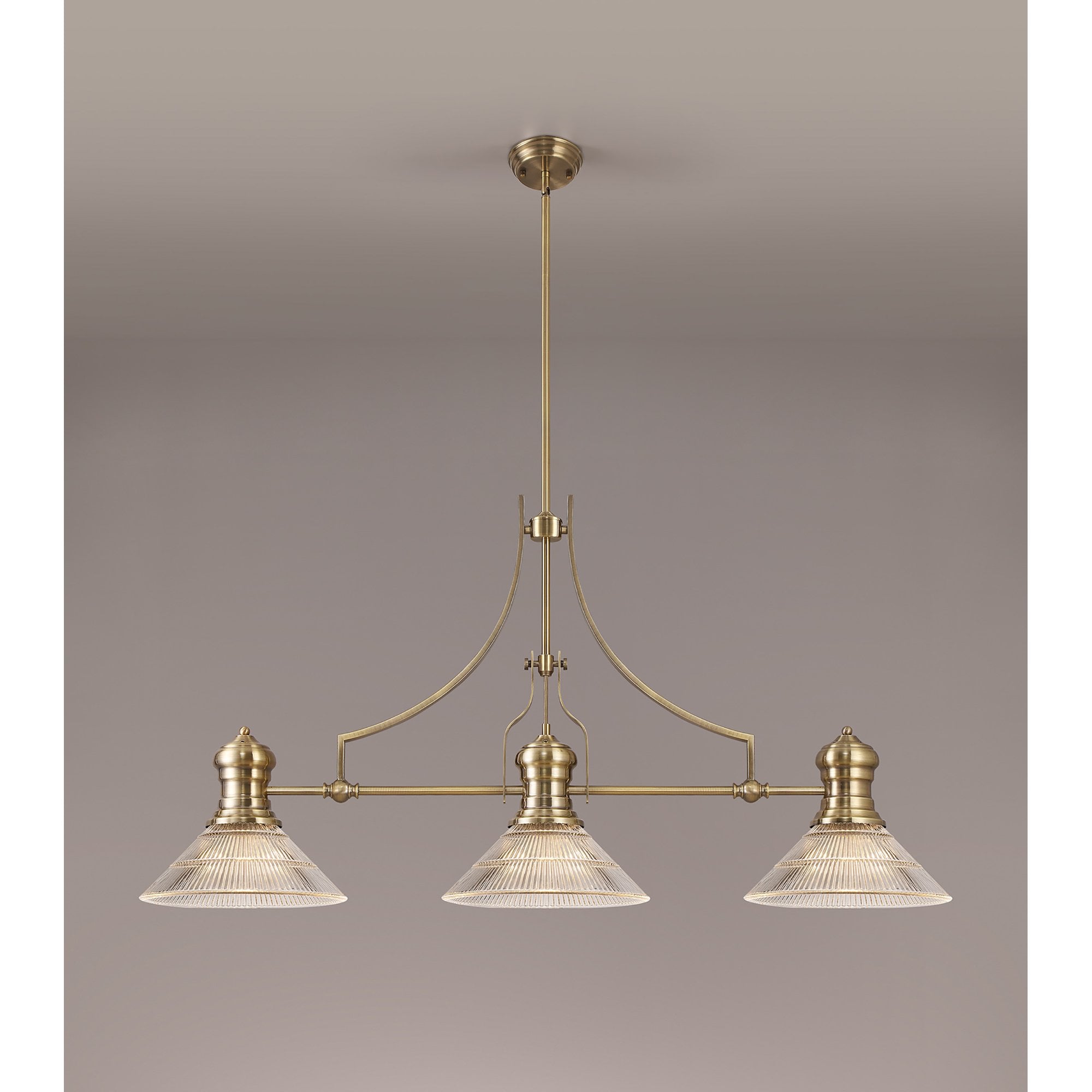 NLK03569 Louis 3 Light Telescopic Pendant With 30cm Cone Glass Shade Antique Brass/Clear