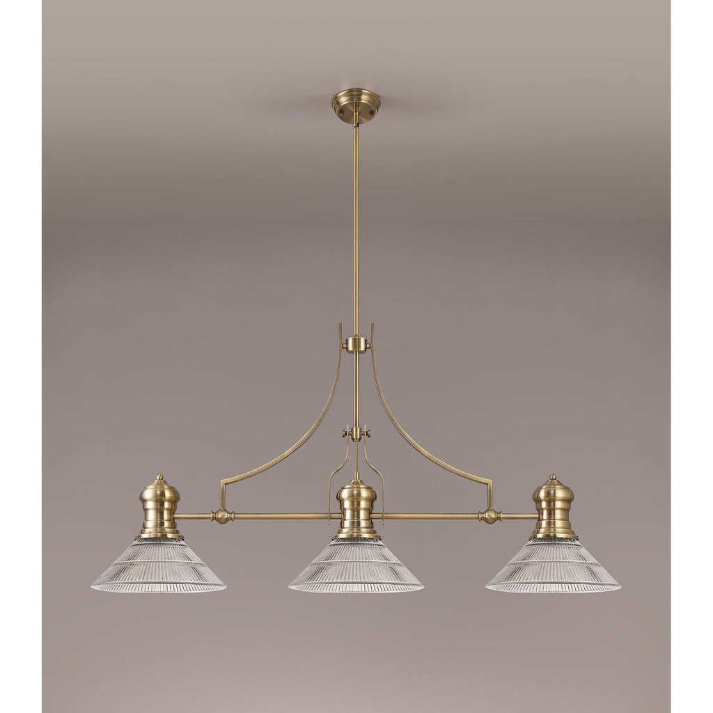 NLK03569 Louis 3 Light Telescopic Pendant With 30cm Cone Glass Shade Antique Brass/Clear
