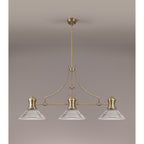 NLK03569 Louis 3 Light Telescopic Pendant With 30cm Cone Glass Shade Antique Brass/Clear